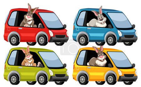 Four rabbits in various colored cars illustration