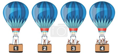 Téléchargez les illustrations : Quatre ballons numérotés portant des amis animaux - en licence libre de droit