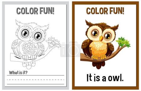 Téléchargez les illustrations : Activité de coloration éducative avec illustration mignonne de hibou - en licence libre de droit