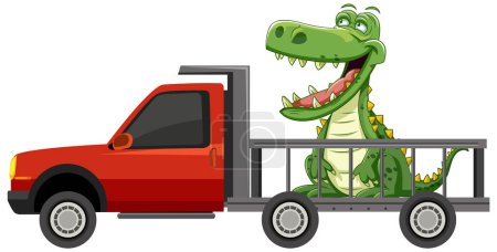 Téléchargez les illustrations : Alligator joyeux transporté dans un camion rouge - en licence libre de droit
