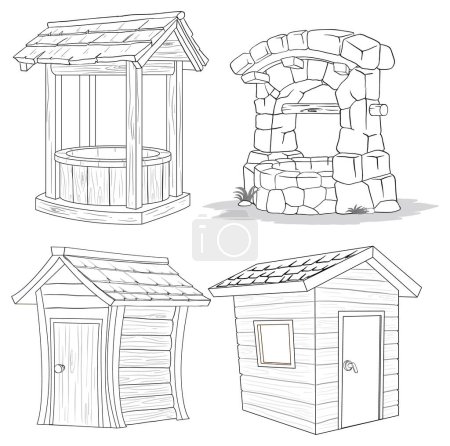 Ilustración de pozo, horno de piedra y cobertizos de madera