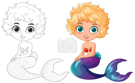 Téléchargez les illustrations : Illustration vectorielle de deux enfants sirènes, colorée et croquis - en licence libre de droit