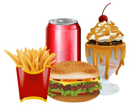 Illustration vectorielle des hamburgers, frites, sodas et sundae.