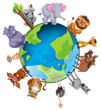 Ilustración de Animales de dibujos animados unidos en torno a una Tierra estilizada - Imagen libre de derechos