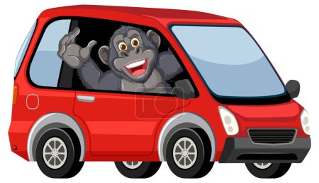Fröhlicher Gorilla winkt aus einem Kleinwagen
