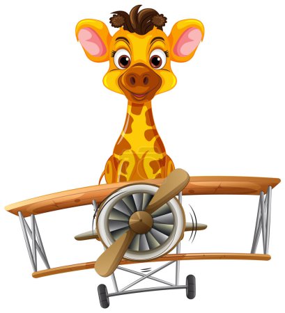 Téléchargez les illustrations : Girafe de bande dessinée volant un avion classique en bois - en licence libre de droit