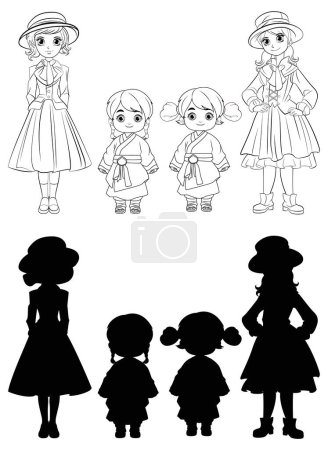 Illustration for Vector illustrations of girls in vintage clothing - Royalty Free Image