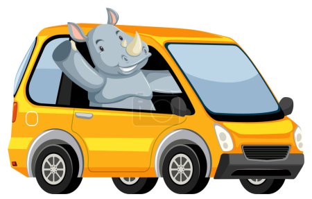 Cartoon rhino driving a yellow car happily