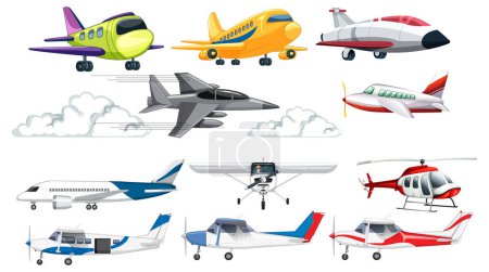 Téléchargez les illustrations : Illustrations vectorielles colorées de différents types d'aéronefs - en licence libre de droit