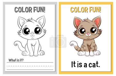 Téléchargez les illustrations : Coloriage et activité d'apprentissage avec de jolies illustrations de chat - en licence libre de droit