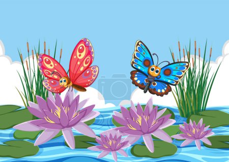 Two vibrant butterflies above blooming water lilies