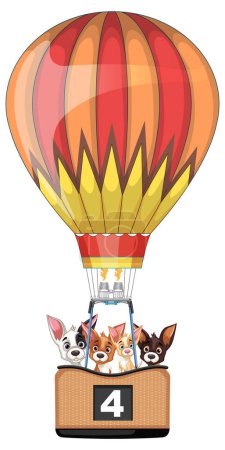 Ilustración de Cuatro perros disfrutando de un vuelo en globo colorido - Imagen libre de derechos