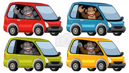 Téléchargez les illustrations : Quatre singes profitant d'une balade en voitures vibrantes - en licence libre de droit