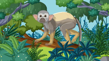 Illustration for A monkey exploring a vibrant jungle - Royalty Free Image