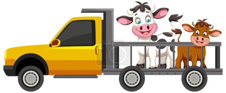 Ilustración de Vaca de dibujos animados y ternera cabalgando en una camioneta - Imagen libre de derechos