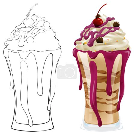 Colorful and outline versions of a sundae