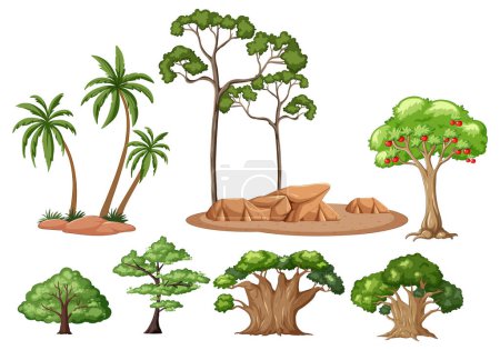 Téléchargez les illustrations : Variété d'arbres et de plantes dans un style vectoriel - en licence libre de droit