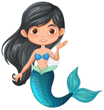 Illustration for Cute mermaid with black hair and blue tail - Royalty Free Image