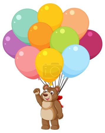 Cartoon bear holding a bunch of vibrant balloons