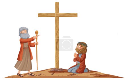 Illustration for Priest and believer praying at a wooden cross - Royalty Free Image