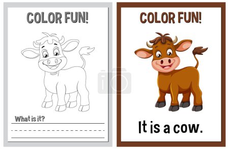 Dibujo para colorear e ilustración en color de una vaca