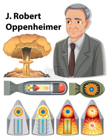 Illustration of Oppenheimer and atomic bomb components