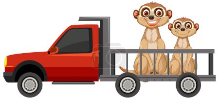Ilustración de Tres suricatas en un camión, mirando curioso - Imagen libre de derechos