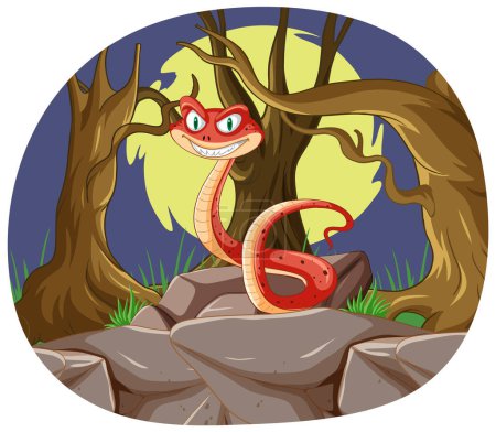 Téléchargez les illustrations : Serpent coloré avec une expression sournoise dans les bois - en licence libre de droit