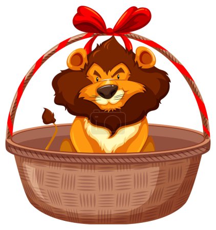 Ilustración de León de dibujos animados sentado en una cesta tejida - Imagen libre de derechos