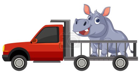 Cartoon hippo riding in a pickup truck bed