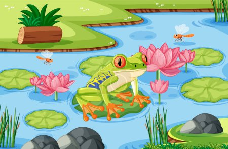 Ilustración de Colorida ilustración de una rana entre almohadillas de lirio. - Imagen libre de derechos