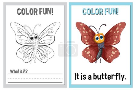 Téléchargez les illustrations : Coloriage et activité d'apprentissage avec un thème papillon - en licence libre de droit