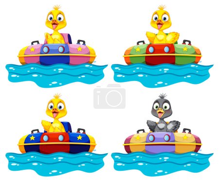 Illustration for Four ducks enjoying a ride in bumper boats - Royalty Free Image