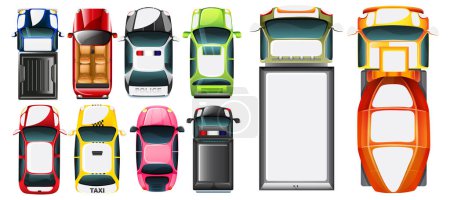 Verschiedene Fahrzeuge in Draufsicht, lebendige Farben