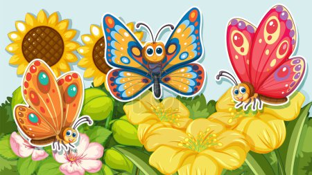 Illustration for Vibrant butterflies among flowers and sunflowers - Royalty Free Image
