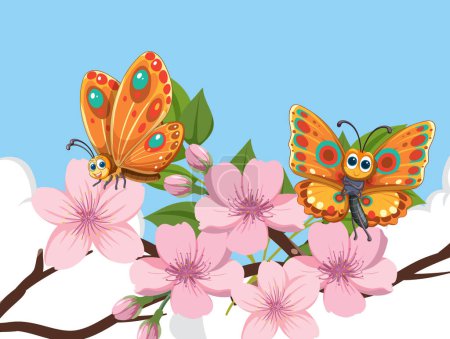 Ilustración de Dos mariposas vibrantes disfrutando de flores rosadas de primavera - Imagen libre de derechos