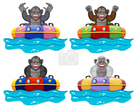 Four gorillas having fun in colorful bumper boats