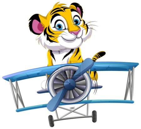 Tigre de dibujos animados volando un biplano azul, sonriendo