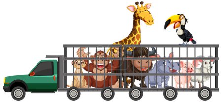 Colorful animals riding together in a caged truck