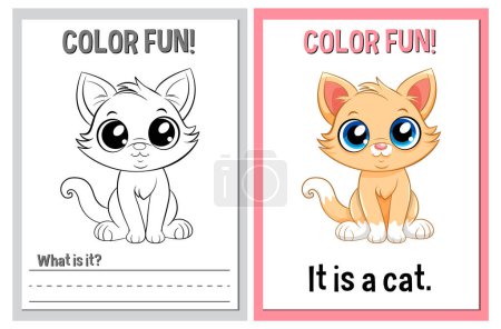 Educational coloring pages featuring a cute cat