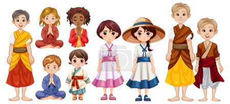 Illustration von Kindern in verschiedenen kulturellen Outfits