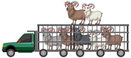 Various domestic animals transported in a cage truck
