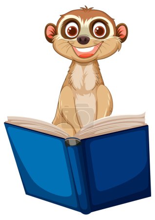 Ilustración de Lindo suricata absorto en la lectura de un libro azul - Imagen libre de derechos