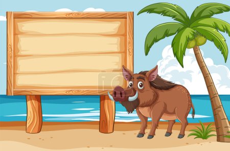 Illustration for Warthog standing near a blank signboard - Royalty Free Image