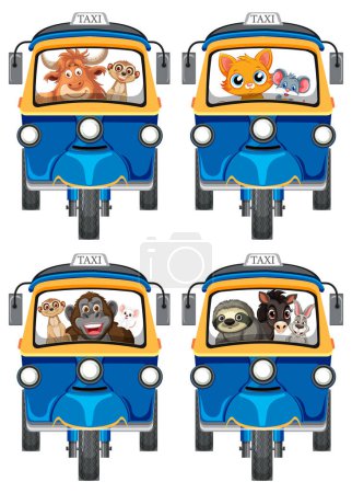 Ilustración de Cuatro taxis con diferentes animales de dibujos animados dentro - Imagen libre de derechos