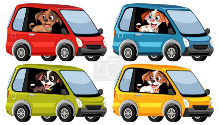 Vier verspielte Hunde in verschiedenen bunten Autos