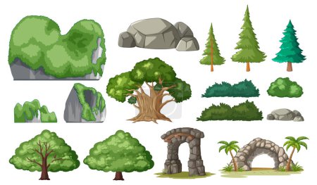 Collection of trees, rocks, and archways in vector