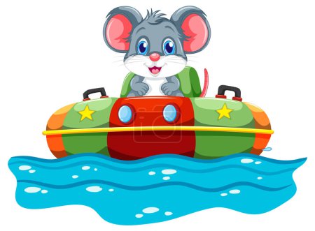 Téléchargez les illustrations : Une souris heureuse chevauchant un bateau jouet vibrant - en licence libre de droit