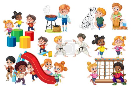 Ilustración de Ilustración de niños jugando, estudiando e interactuando - Imagen libre de derechos