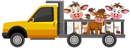 Three happy cows in a yellow pickup truck